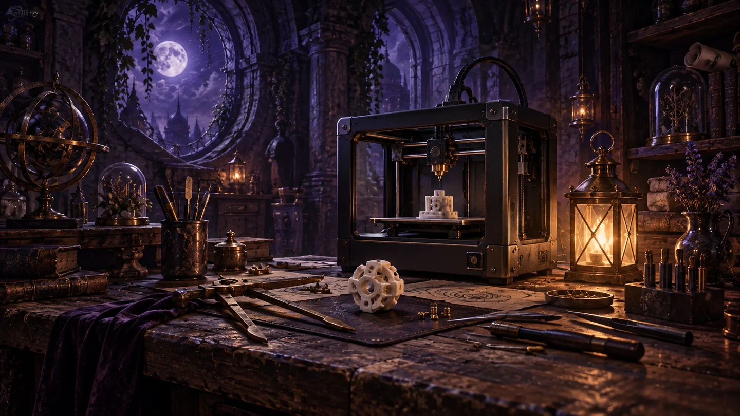 Painted fantasy workshop with a modern design tool and an illuminated model