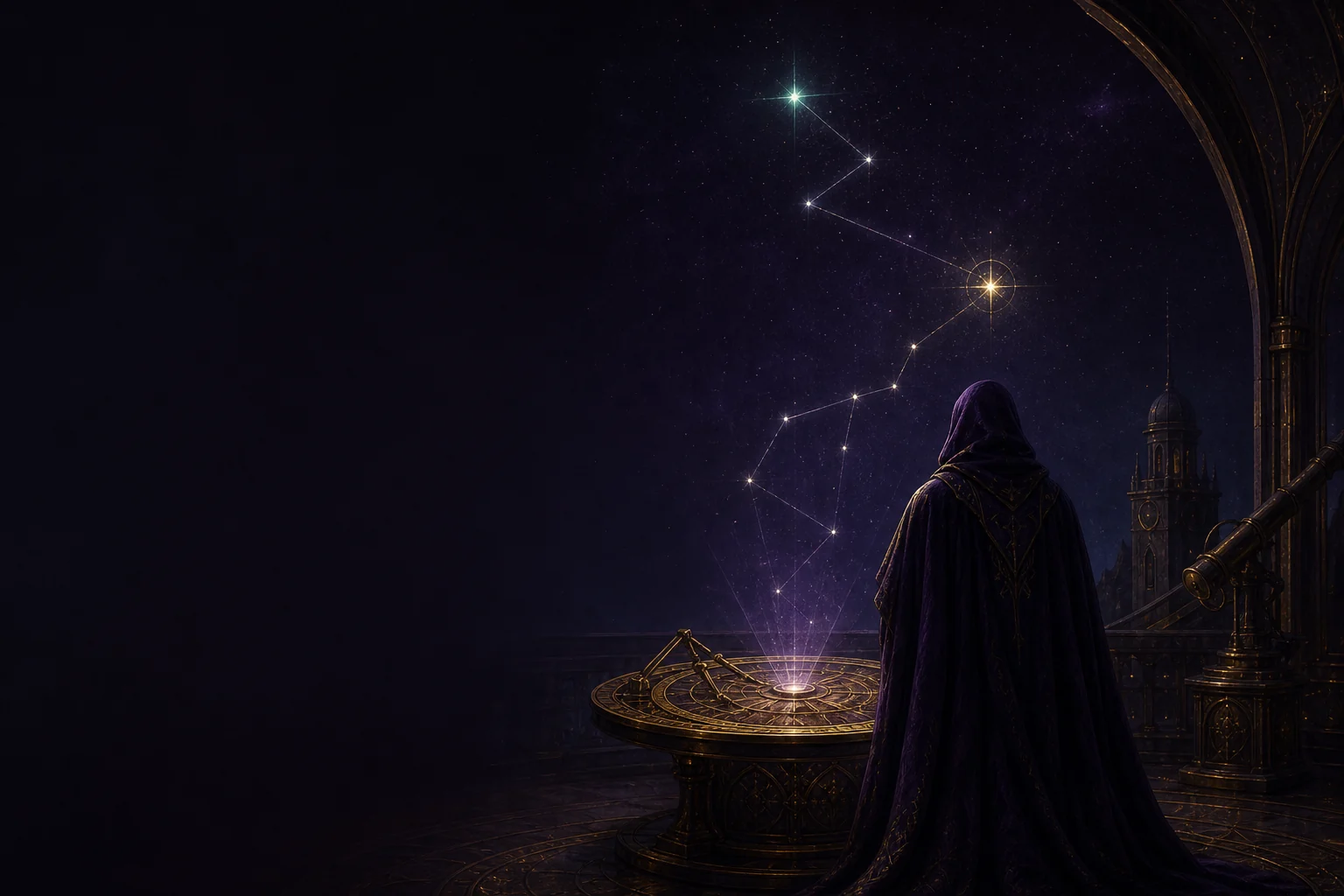 A cloaked operator studies a violet constellation above a brass observatory table