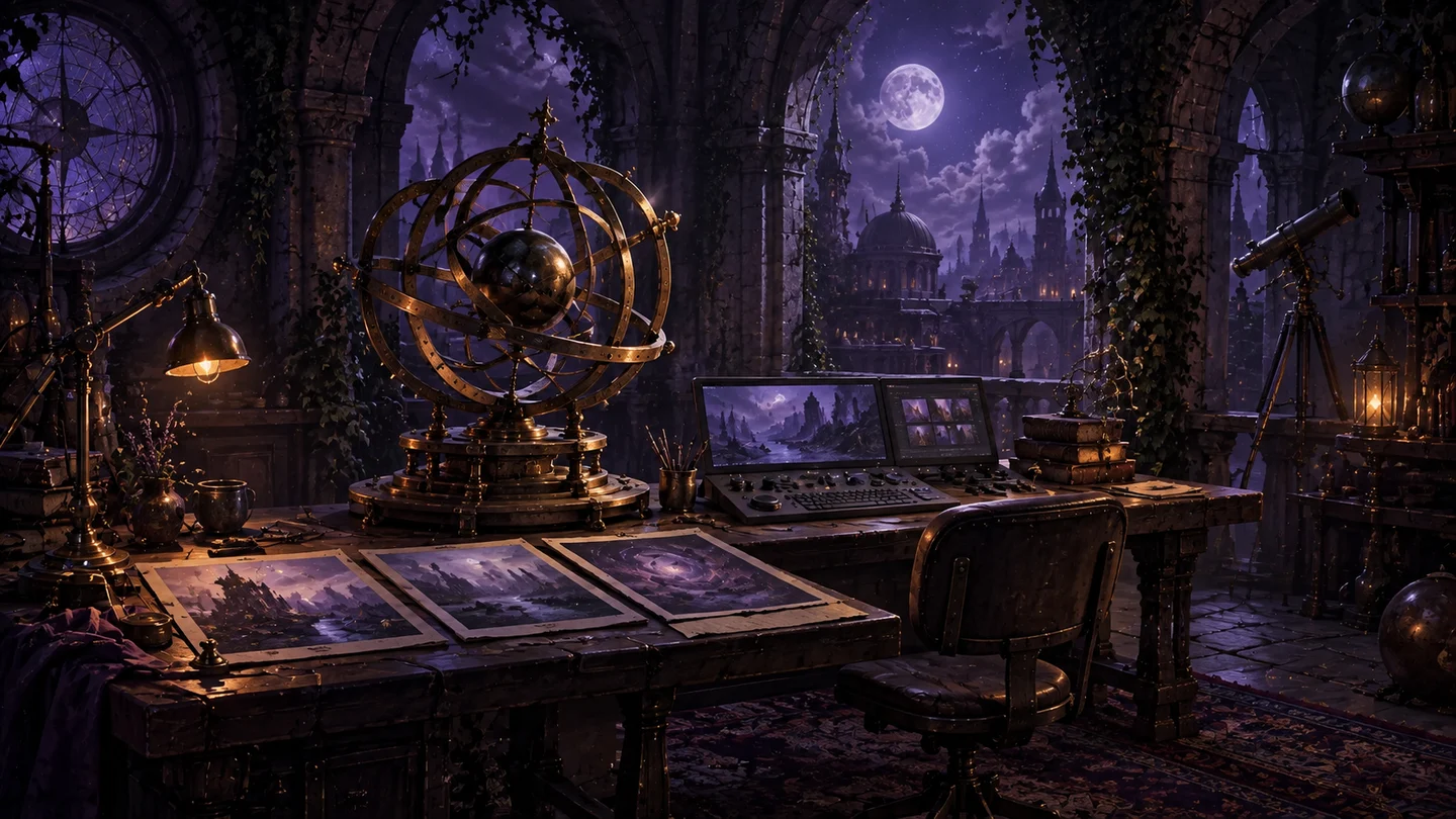 A painted moonlit observatory with an editing desk and a brass armillary sphere